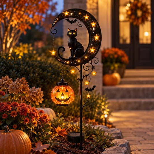 Curved moon black cat solar Halloween garden light with glowing stars and pumpkin