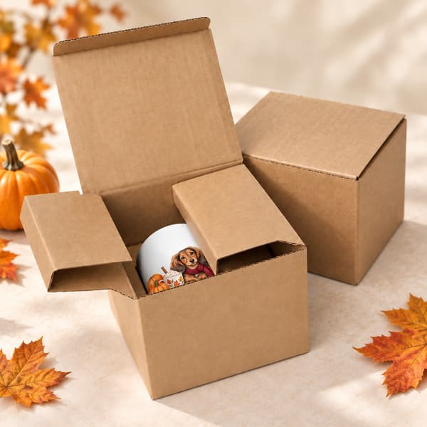 Pumpkin Spice Dachshund mug secured inside plain protective cardboard packaging