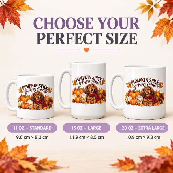 Size comparison of 11 oz, 15 oz and 20 oz Pumpkin Spice and Puppy Cuddles Dachshund mugs