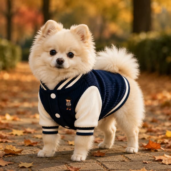 Small cream dog wearing a dark-blue embroidered corduroy varsity jacket on an autumn walk.
