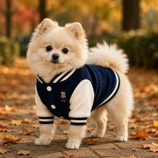 Small cream dog wearing a dark-blue embroidered corduroy varsity jacket on an autumn walk.