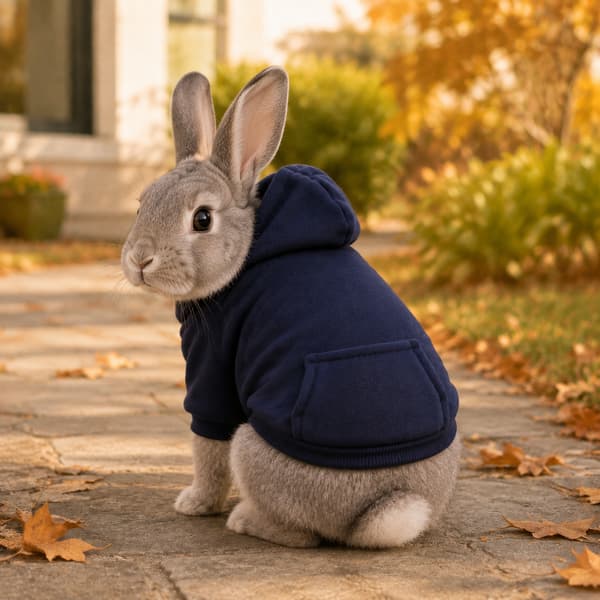 Grey rabbit wearing a dark blue fleece hoodie with a rear kangaroo pocket in an autumn garden