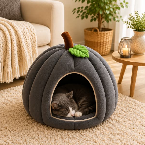 Grey and white cat sleeping inside a dark grey Pumpkin Cat Cave Bed in a cosy home, showing the plush enclosed design and cushioned sleeping area.
