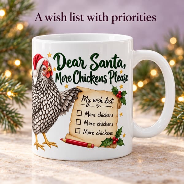Close-up of the “Dear Santa, More Chickens Please” mug showing a silver-laced hen and three-item chicken wish list beneath “A wish list with priorities”.