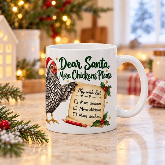 White “Dear Santa, More Chickens Please” mug featuring a silver-laced hen and Christmas wish list, styled beside evergreen branches and warm fairy lights.