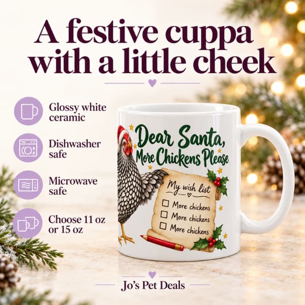 Funny chicken Christmas mug with features highlighting glossy white ceramic, dishwasher and microwave safety, and 11 oz or 15 oz options.