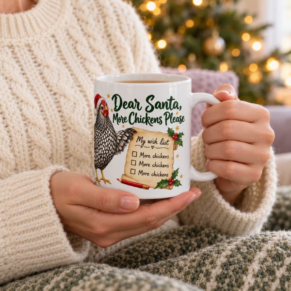 White “Dear Santa, More Chickens Please” mug held in two hands, with a cream knitted jumper and softly lit Christmas tree behind.