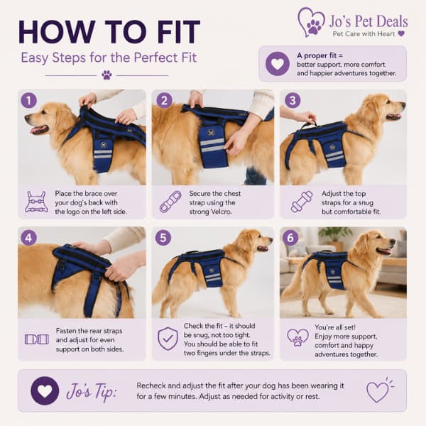 Jo's Pet Deals step-by-step guide showing how to fit an adjustable dog back brace correctly for a secure and comfortable fit