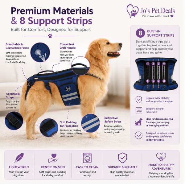 Jo's Pet Deals adjustable dog back brace showing breathable materials, soft padding, adjustable straps and eight internal support strips for comfortable everyday spine support
