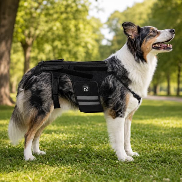 Australian Shepherd wearing an adjustable dog back brace in a sunny park with illustrated features including eight support strips, breathable fabric, adjustable fit and comfortable everyday spine support
