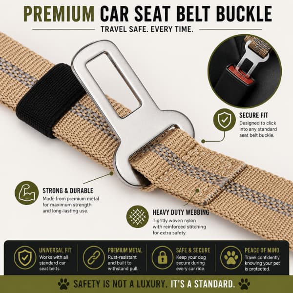 Premium dog car seatbelt attachment showing heavy duty metal buckle and reinforced webbing for safe pet travel and secure car journeys