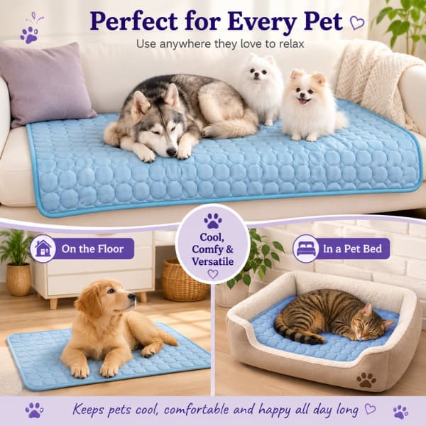Jo's Pet Deals premium cooling mat showing dogs and a cat relaxing comfortably on the cooling mat on a sofa, floor and inside a pet bed