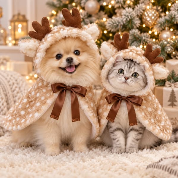 Small cream dog and silver tabby cat wearing matching plush Christmas reindeer capes with antlers and satin bows