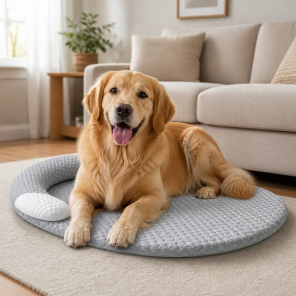 Golden retriever relaxing on a cooling pet mat bed in a cozy home living room