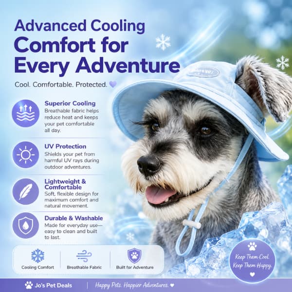 Infographic showing the advanced cooling, breathable fabric, UV protection and lightweight comfort features of a dog cooling vest and matching sun hat.