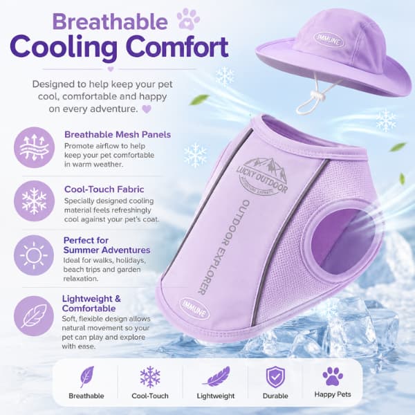 Infographic showing the breathable mesh, cool-touch fabric, lightweight design and summer comfort features of a dog cooling vest and matching sun hat.