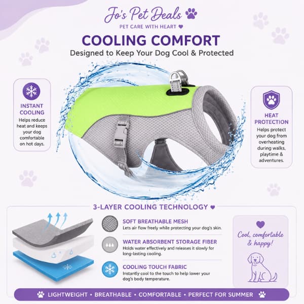 Dog cooling vest infographic showing three-layer cooling technology, breathable mesh and water-absorbing fabric for summer comfort