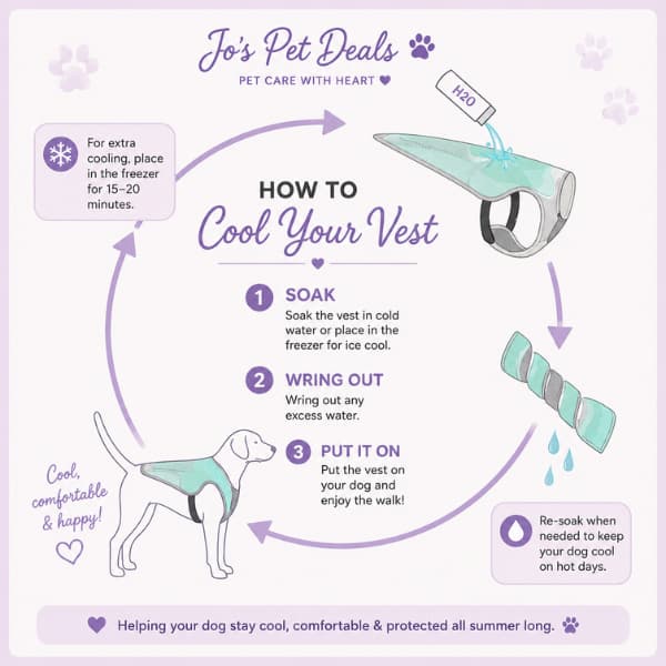 How to use a dog cooling vest by soaking in cold water, wringing out excess water and fitting it securely before walks