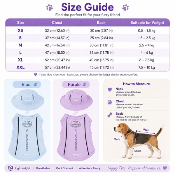 Size guide for the Dog Cooling Vest and Matching Sun Hat Set showing chest, back length, recommended weight, colour options and measuring guide for the perfect fit.