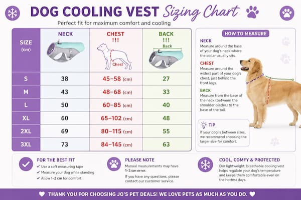 Dog cooling vest size guide showing neck, chest and back measurements with fitting instructions for the best fit