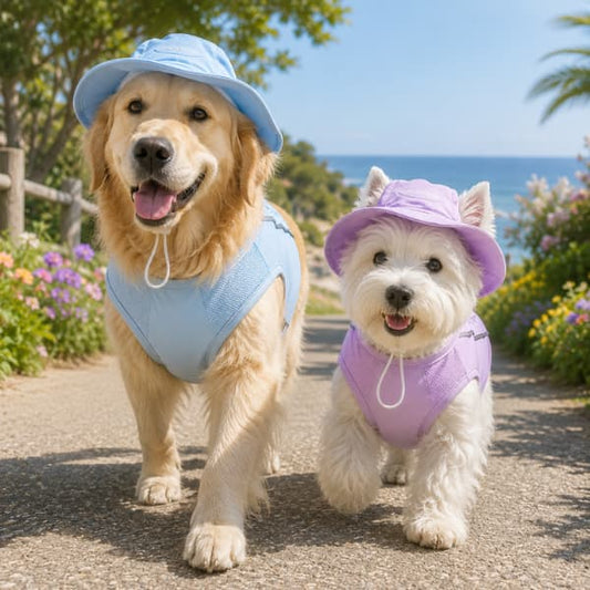 Happy dogs wearing breathable cooling vests and matching sun hats on a sunny summer walk by the coast.