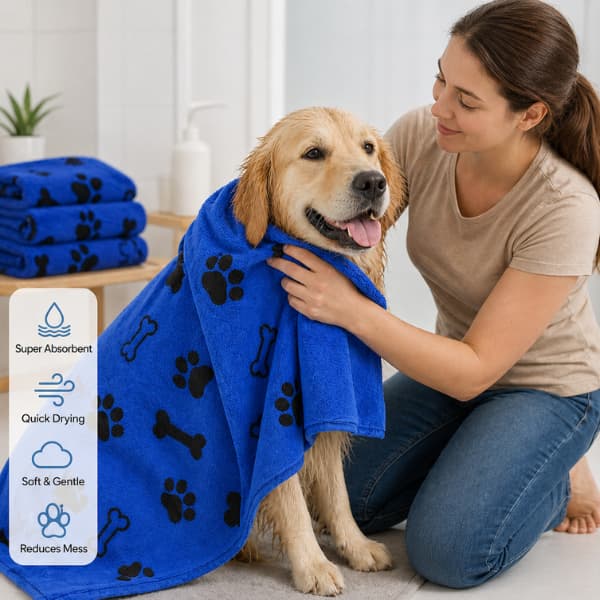 Woman drying wet dog with blue microfiber towel after bath fast drying pet towel reducing mess