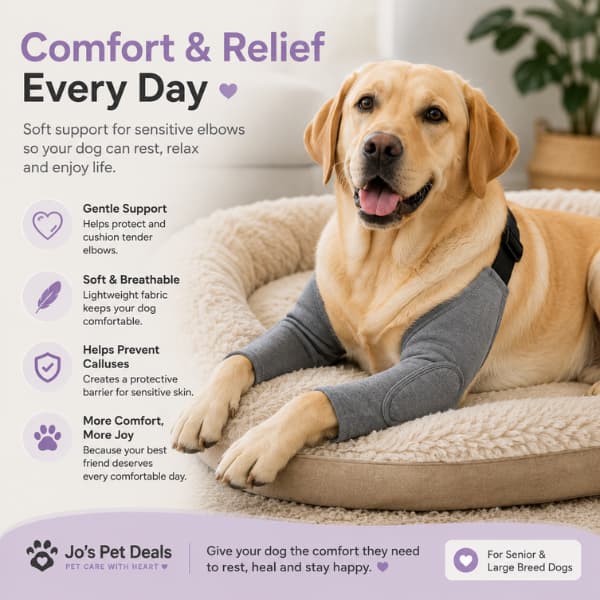 Senior Labrador resting comfortably on a soft orthopedic dog bed while wearing a padded dog elbow protector for everyday comfort and elbow support.