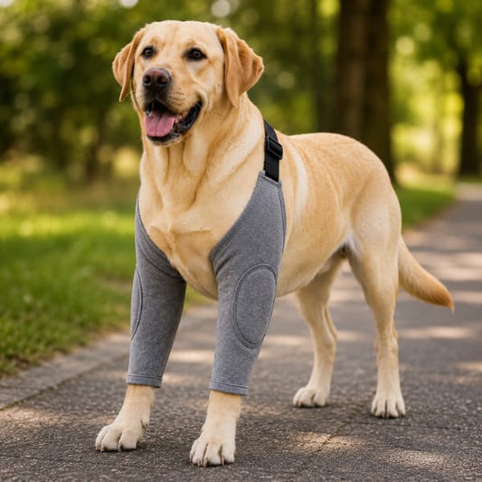 Golden Labrador wearing a grey dog elbow protector outdoors, providing comfortable elbow support for senior and large breed dogs.