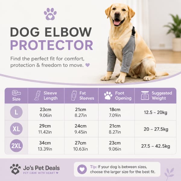 Dog elbow protector size guide showing measurements for L, XL and 2XL with sleeve length, leg opening and recommended dog weight for the best fit.