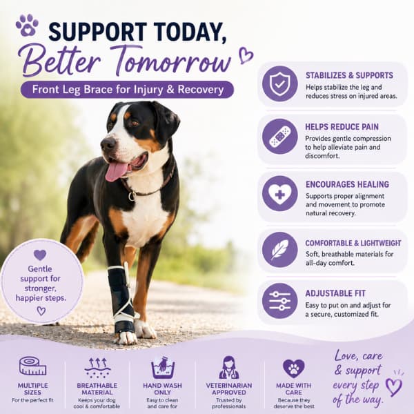 dog wearing front leg brace support showing benefits for injury recovery and mobility