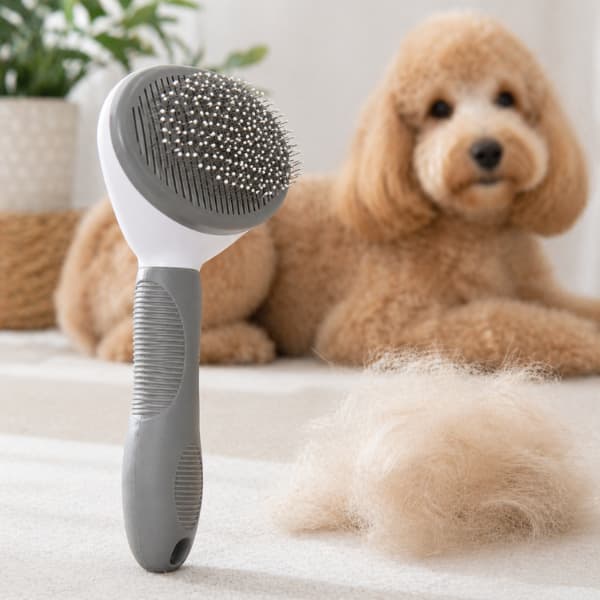 Dog grooming brush with collected fur in a calm home setting with dog in background