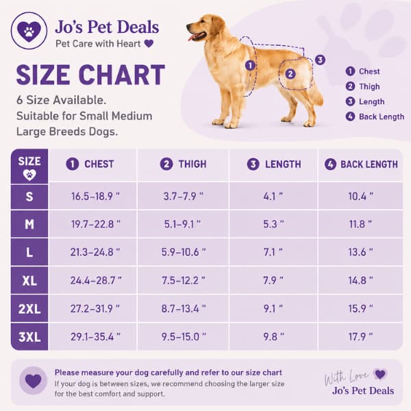 Size guide for adjustable dog hip and rear leg brace showing chest, thigh, brace length and back length measurements