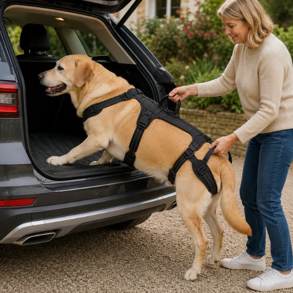 Labrador wearing a full body dog lift harness while being supported into a car