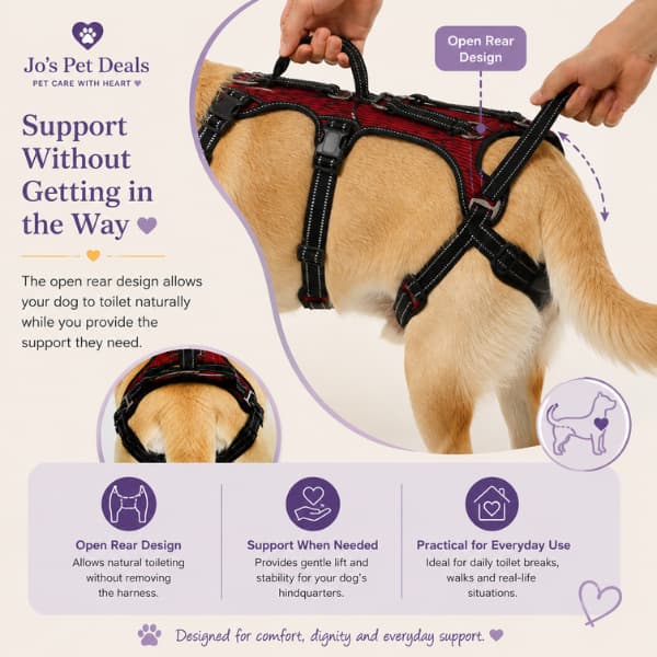 Full body dog lift harness with open rear design for toileting and hind leg support