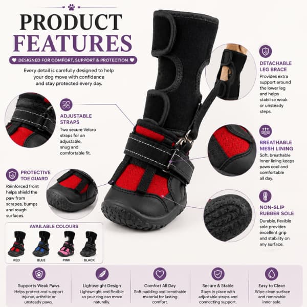 Dog paw support brace features with adjustable straps, detachable leg brace and anti-slip protective shoe
