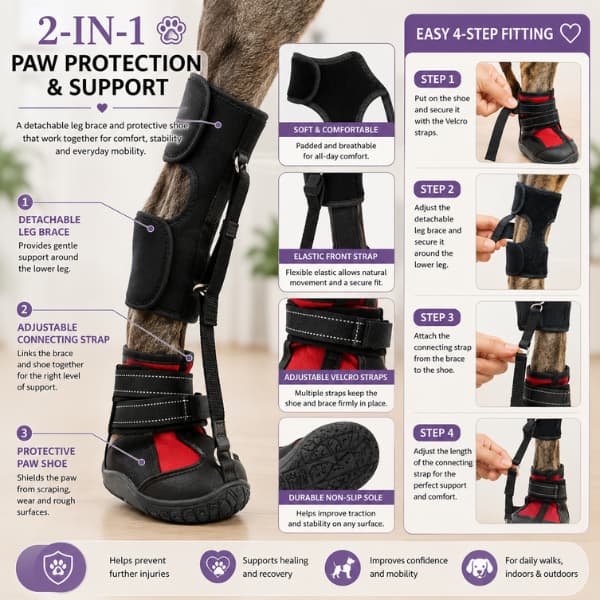 Dog paw support brace and protective shoe showing detachable leg brace, adjustable straps, non-slip sole and fitting steps