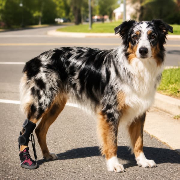 Dog outdoors wearing a paw support brace with adjustable connecting strap and protective anti-slip shoe