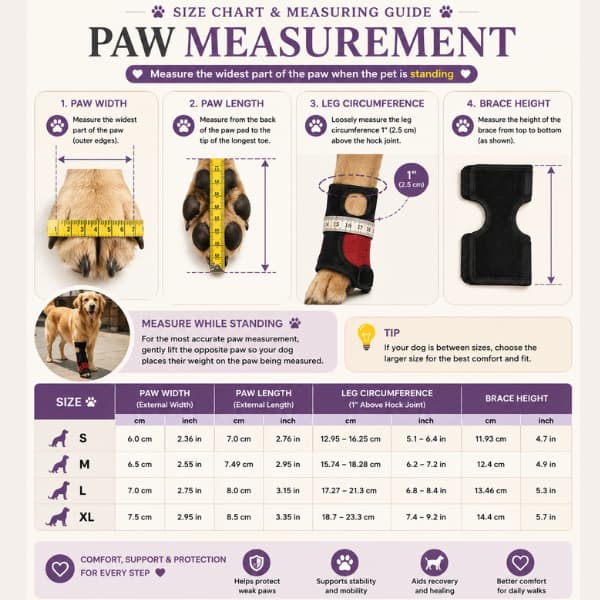Dog paw support brace size chart showing paw width, paw length, leg circumference and brace height measurements for sizes S to XL