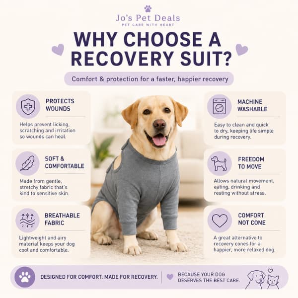 Benefits infographic for Dog Recovery Suit showing wound protection, breathable fabric, machine washable material and comfortable post surgery recovery support for dogs
