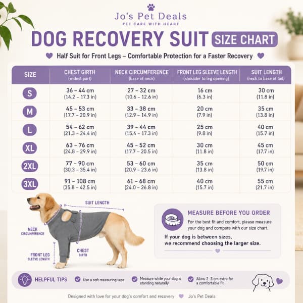 Dog Recovery Suit for Front Legs size guide showing chest, neck and front leg sleeve measurements with fitting tips for choosing the correct size