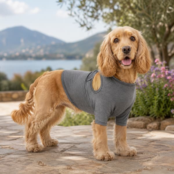 Cocker Spaniel wearing a Dog Recovery Suit for Front Legs in a natural outdoor setting during post surgery recovery