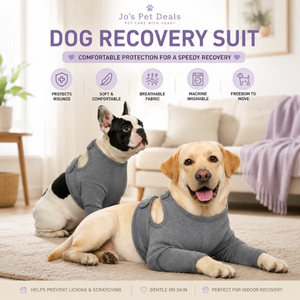 Dog Recovery Suit for Front Legs worn by a Labrador and French Bulldog, providing comfortable post surgery recovery support with soft breathable fabric