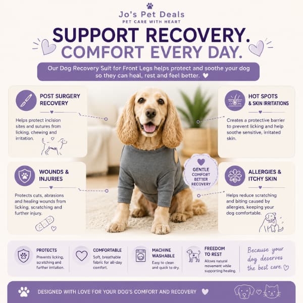 Dog Recovery Suit for Front Legs infographic showing common recovery uses including post surgery care, wound protection, hot spots, skin irritations and allergies