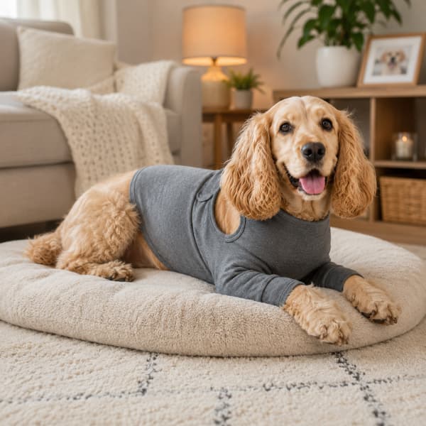 Cocker Spaniel relaxing on a soft dog bed while wearing a Dog Recovery Suit for Front Legs during comfortable post surgery recovery at home