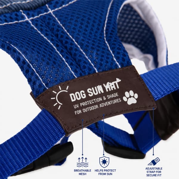 Close-up of breathable dog sun hat showing mesh ventilation, adjustable strap and summer sun protection features