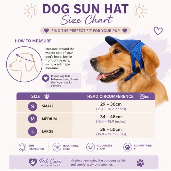 Dog Sun Hat size chart showing head circumference measurements, sizing guide and fitting instructions for dogs