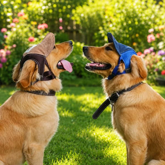 Two Golden Retrievers wearing breathable dog sun protection hats in a sunny garden during summer