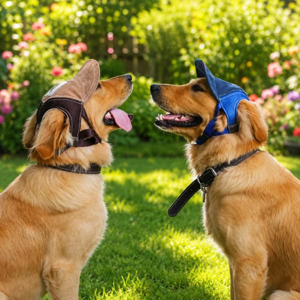 Two Golden Retrievers wearing breathable dog sun protection hats in a sunny garden during summer