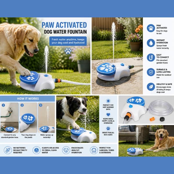 dog using paw activated water fountain outdoor showing how it works for hydration in summer