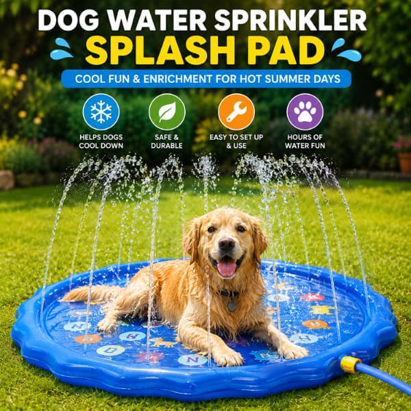 Golden retriever enjoying a dog water sprinkler splash pad in the garden for cooling fun and outdoor summer play